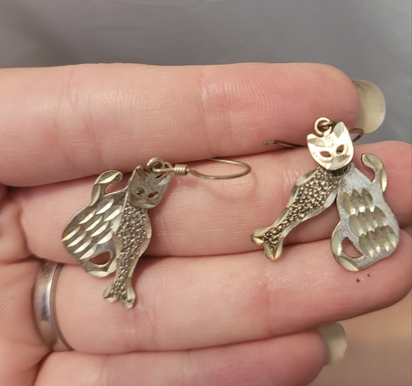 925 Sterling Silver Articulated Cat Dangle Earrings - 1970s Vintage Folk Art - Picture 8 of 12